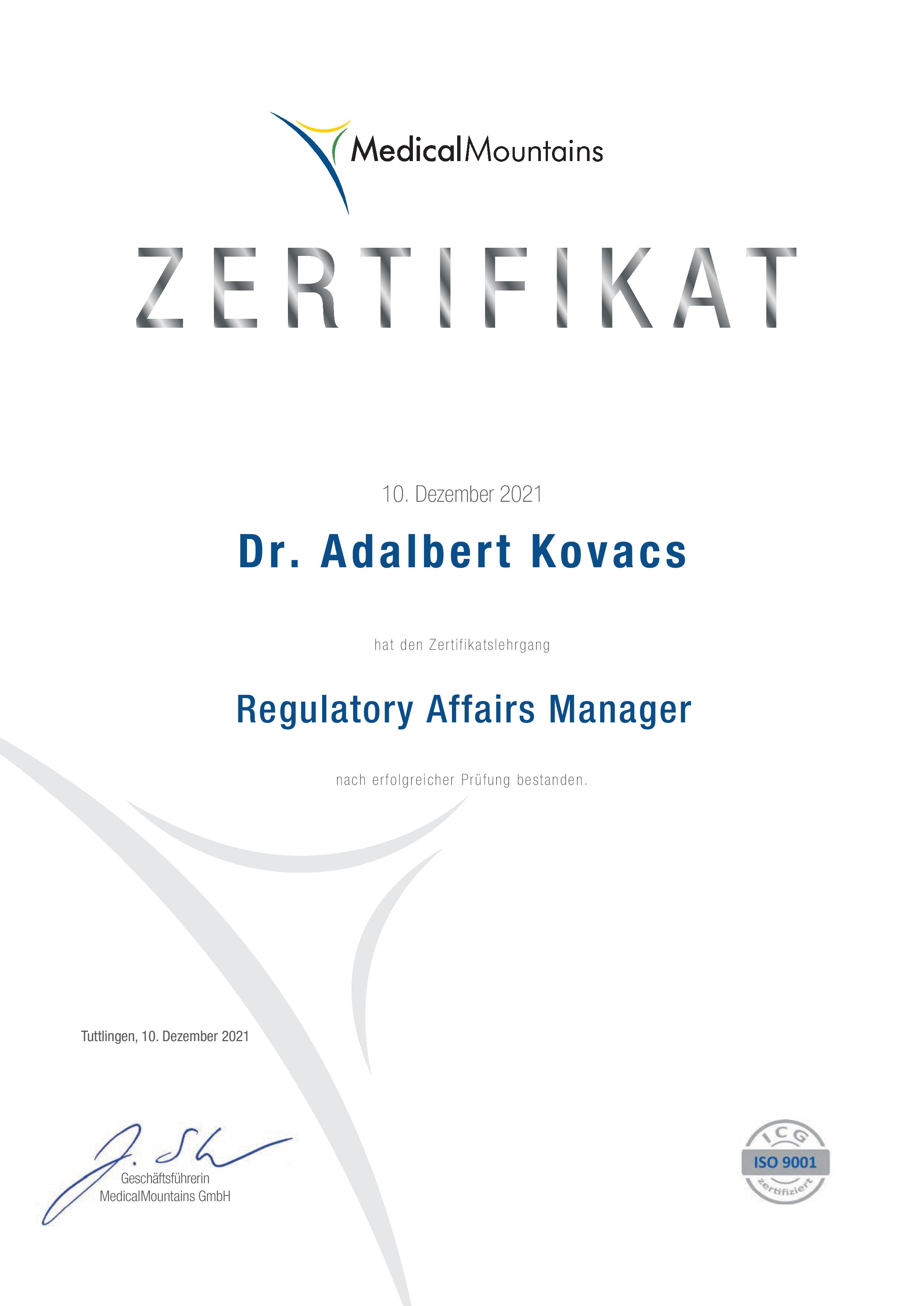 Regulatory Affairs Manager - Zertifikat